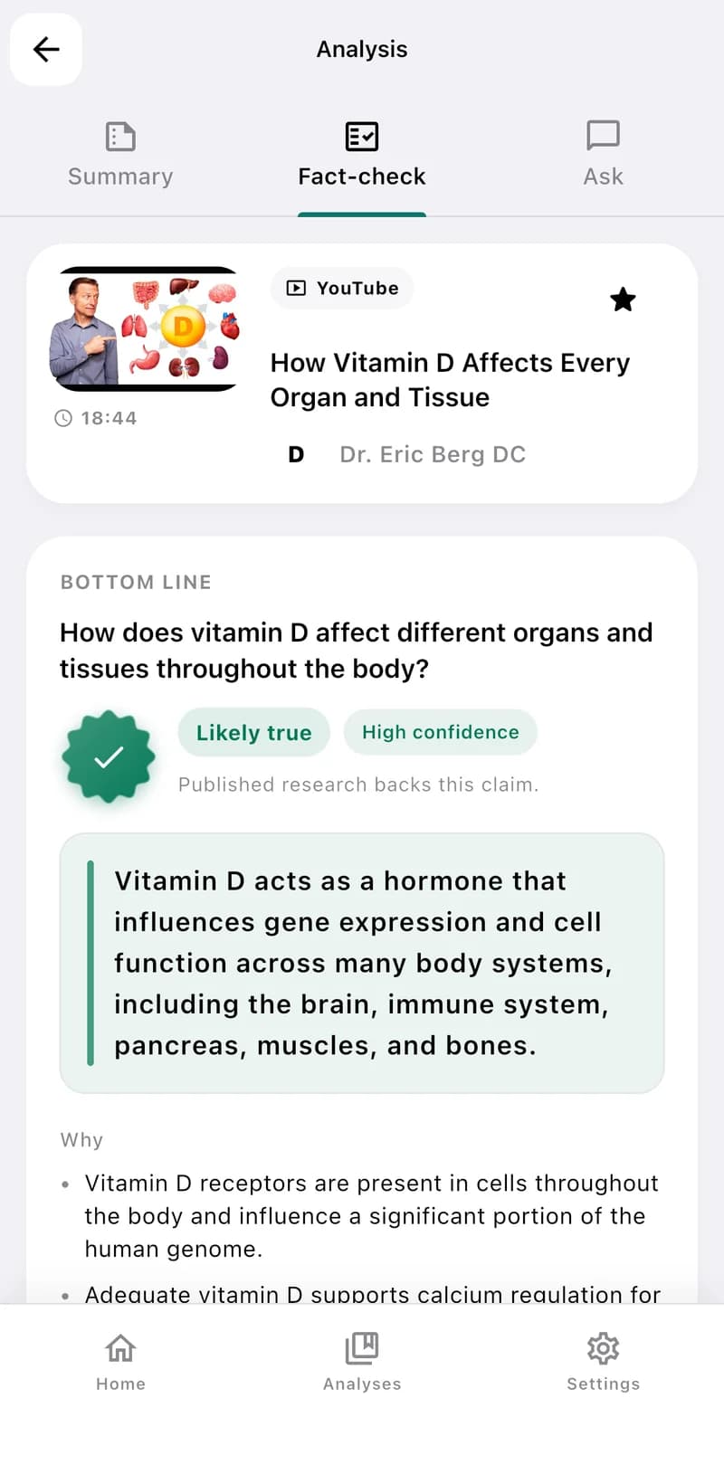 The EvidenceLens app showing the Fact-check tab, with a bottom-line assessment and research findings
