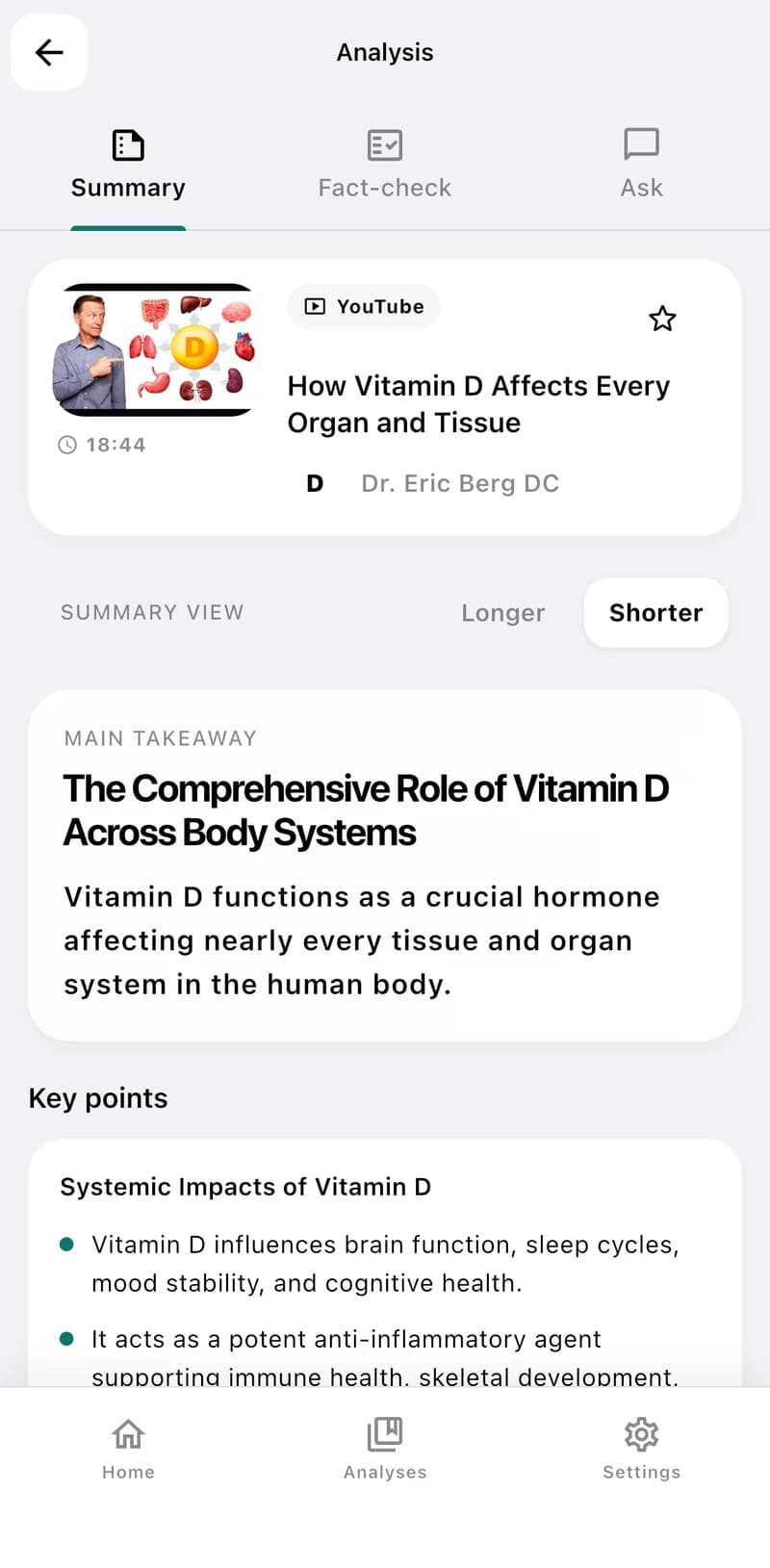 The EvidenceLens app showing the Summary tab, with a video's main takeaway and key points