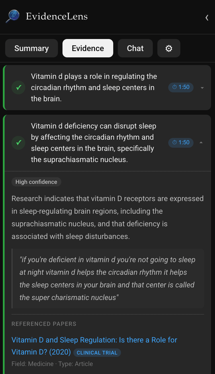 Claim details screenshot from the EvidenceLens Chrome extension