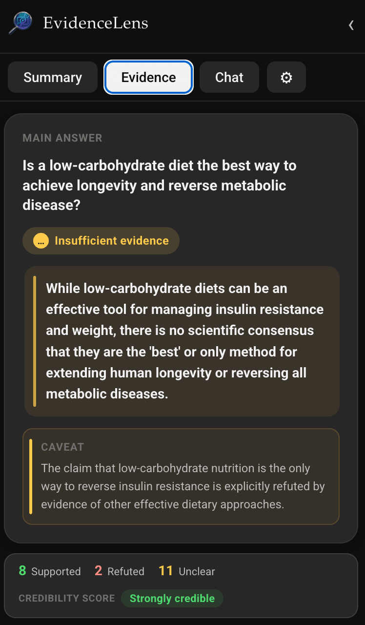 Claim verdicts screenshot from the EvidenceLens Chrome extension