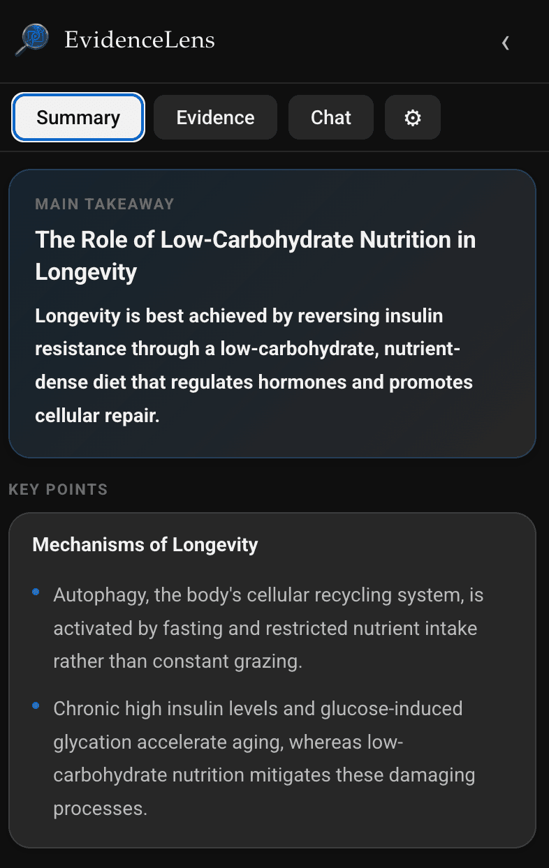 Summary tab screenshot from the EvidenceLens Chrome extension