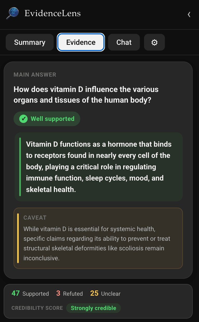 Evidence score screenshot from the EvidenceLens Chrome extension